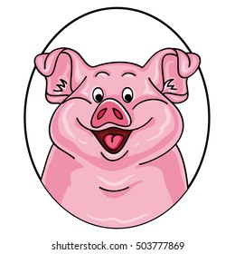 Vector illustration of a pink pig. Cartoon pig looks out from the hole. 