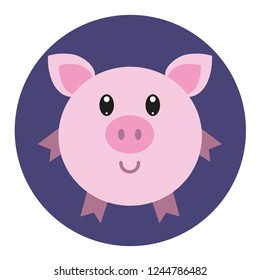 Vector illustration of pink pig in flat kawaii style