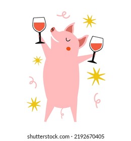 Vector illustration with pink pig and glasses of red wine. Trendy farm animal print design, pork food package sticker emblem template. Party celebration concept art.