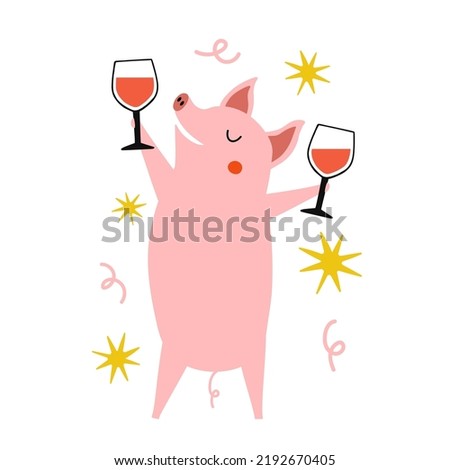 Vector illustration with pink pig and glasses of red wine. Trendy farm animal print design, pork food package sticker emblem template. Party celebration concept art.