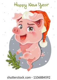 Vector illustration with pink Pig in a red Santa's cap. Background invitation with fir, pine and snow. Winter retro holiday card. 2019 Chinese New Year of the Pig. Christmas greeting card