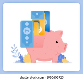 vector illustration of pink piggy bank with bank note being issued. open investment savings. Vector illustration set isolated on white background and can used for landing pages, posters, mobile apps