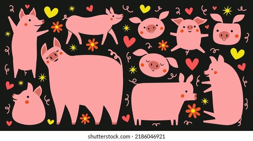 Vector illustration with pink pigs, flowers and hearts. Trendy farm animal print collection, sticker pack set, pork food package sticker emblem template