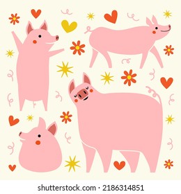Vector illustration with pink pigs, yellow stars, flowers and hearts. Trendy farm animal print collection, sticker pack set, pork food package sticker emblem template