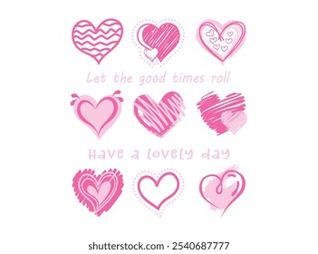 Vector illustration, pink plain hearts with different shape, texture and color. Design for printing on shirt, poster, banner. Lovely print for t-shirt, abstract image.