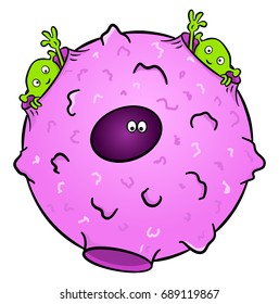 Vector illustration of a pink planet with two waving extraterrestrials