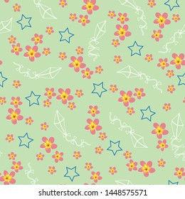 vector illustration. pink plumeria flowers, outlined stars  and kites on light oak green background seamless repeat pattern. Perfect for both gender babies' apparel and nursery decoration.