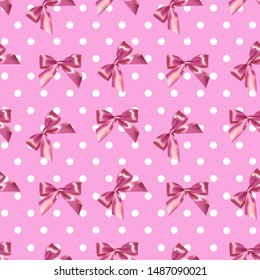 Vector illustration of pink polka dot background with bows. Figure background for dolls.