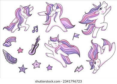 vector illustration pink ponies in dance different poses collection set