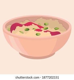 Vector illustration of pink porridge bowl with pumpkin seeds and jelly.