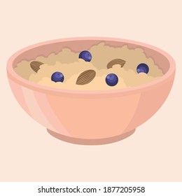 Vector illustration of pink porridge bowl with fresh blueberries and almond.