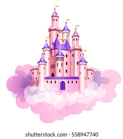 The vector illustration of pink princess magic castle in clouds.