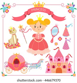 Vector illustration of pink princess. Set of items for princesses