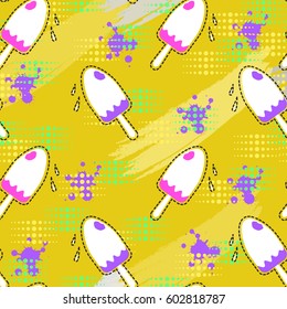 Vector illustration with pink and purple ice cream in white glaze on yellow background with green dots and spots.Seamless pattern in modern style for clothes design, banners,print on fabric and paper.