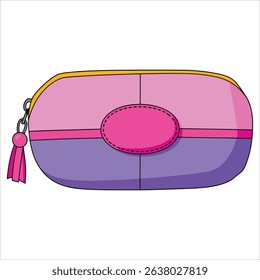 Vector illustration of a pink and purple pencil case, ideal for school essentials. Suitable for classroom supplies, creative projects, and office stationery themes.