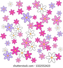Vector illustration of Pink, purple and white flowers on a white background.