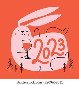 Vector illustration with pink rabbit, glass of wine, 2023 lettering text. Colored new year holiday typography poster, greeting card template. 