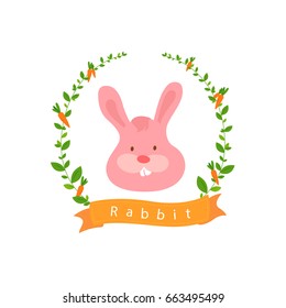 Vector Illustration of pink rabbit with laurel tree, ribbon