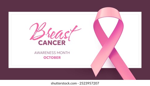 Vector illustration of pink realistic ribbon with loop and breast cancer word. 3d design template with frame for awareness month campaign banner. Symbol of breast cancer awareness on white background