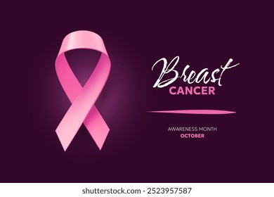 Vector illustration of pink realistic ribbon with loop. Symbol of breast cancer awareness. 3d design template with shine ribbon and word breast cancer for awareness month campaign banner, poster