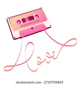 Vector illustration of a pink retro audio cassette with unwinding tape isolated on white. Romantic nostalgic design. Vintage music culture. For Valentine’s Day, greeting card, prints.