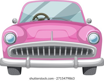 Ilustración vectorial de coche retro rosa, vista frontal, estilo de dibujos animados, líneas limpias, fondo blanco