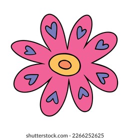 Vector illustration of pink retro style flower with hearts. Funky primitive flower illustration. Vintage style 1970s
