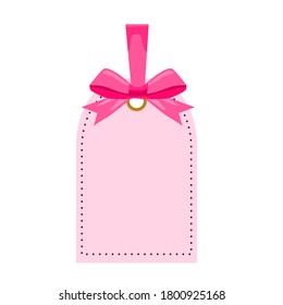 Vector illustration pink ribbon bow with card tag.Vintage label.Cute design for t shirt print, icon, logo, patch or sticker.