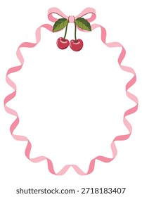 A vector illustration of a pink ribbon bow and two red cherries on a white background.