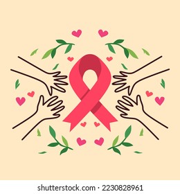 vector illustration of pink ribbon with caring helping hand.medical design concept and support for fight against deadly disease.suitable for international day celebration,celebration and greeting card