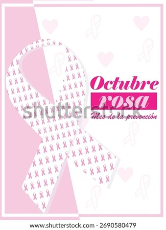 Vector illustration of a pink ribbon with internal texture forming additional ribbons, featuring the text ‘October Rosa, Mes de la Prevencion. Designed for Breast Cancer Awareness campaigns, posters,