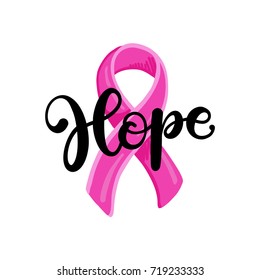 Vector illustration of pink ribbon with word Hope. October is Breast cancer awareness month.