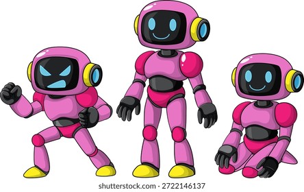 Vector illustration of pink robots showing happy, angry, and neutral faces in dynamic poses