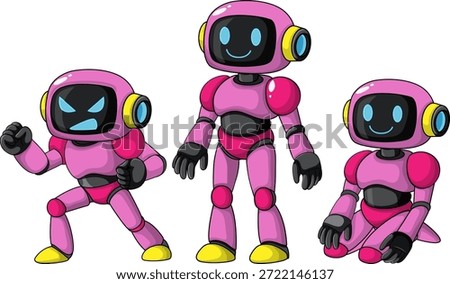 Vector illustration of pink robots showing happy, angry, and neutral faces in dynamic poses