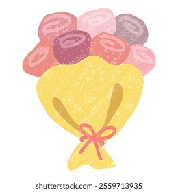 Vector Illustration of a Pink Rose Bouquet with Ribbon and Yellow Paper in Crayon Style for Valentine's Day