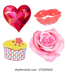 Vector illustration of pink rose, heart, kiss lips, cupcake isolated on white background
