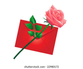 Vector illustration of a pink rose on red envelope