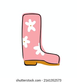 Vector illustration pink rubber boots, gardening items in doodle style for card, print, sticker 