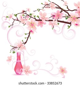 vector illustration of pink sakura with parfume bottle, high detailed flowers. Romantic design for natural cosmetics, perfume, women products. Can be used as greeting card or wedding invitation