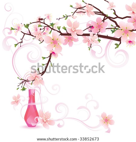 vector illustration of pink sakura with parfume bottle, high detailed flowers. Romantic design for natural cosmetics, perfume, women products. Can be used as greeting card or wedding invitation