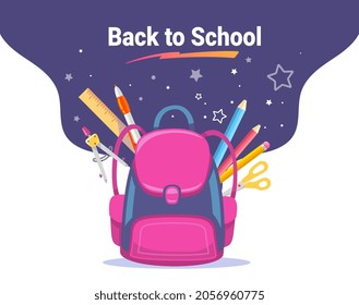 Vector illustration of pink school bag with pen and pencil on white background with open space and text back to school. Bright design for web, site, banner, poster
