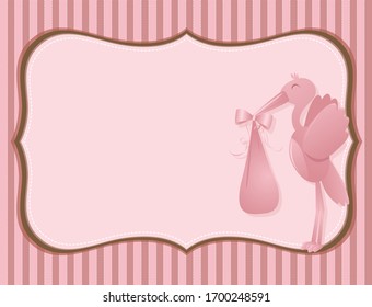 Ilustración vectorial de los antecedentes de una invitación al estilo de un scrapbook rosa con una cigüeña llevando a un bebé en un saco
