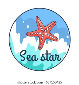 Vector illustration of pink sea star superimposed on water background with blue rising waves. Circle poster with black inscription.