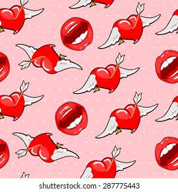 Vector illustration of pink seamless background bright lips with flying hearts.