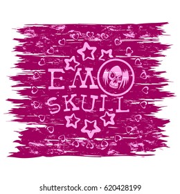 Vector illustration pink shabby inscription emo skull with stars and hearts on purple background and skull with hair. Design for print on t-shirt.
