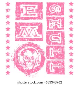 Vector illustration pink shabby inscription emo skull with stars on white background and skull with hair.