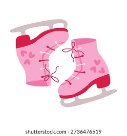 Vector illustration with pink skates. Cute winter boots with hearts, red laces, tied bow, blades