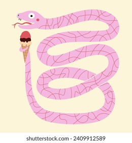 Vector illustration with pink snake holding ice cream cone. Funny print design with 2025 Chinese new year symbol, summer apparel print design