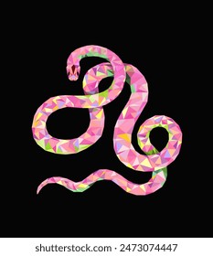 Vector illustration with pink snake in poly art style. 2025 Chinese new year symbol, isolated sign element, apparel print design. polygonal illustration of flexible colorful snake on black background