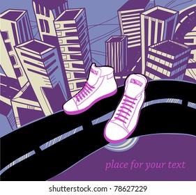 vector illustration of  pink sneakers on an urban background with skyscrapers